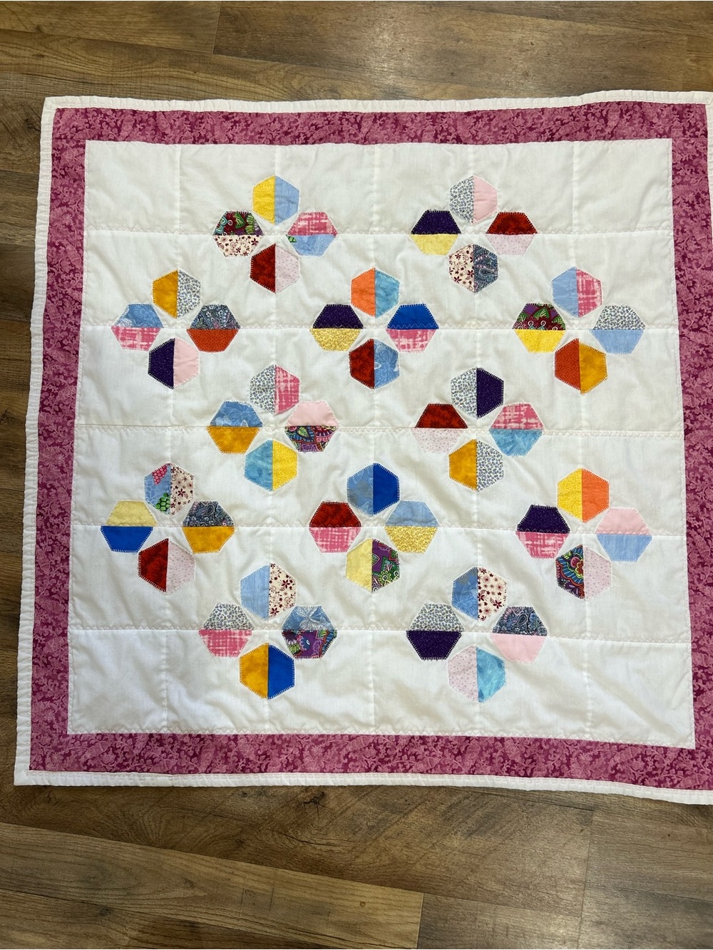 Handmade Patchwork Baby Quilt Colorful Flowers Pink 38x35